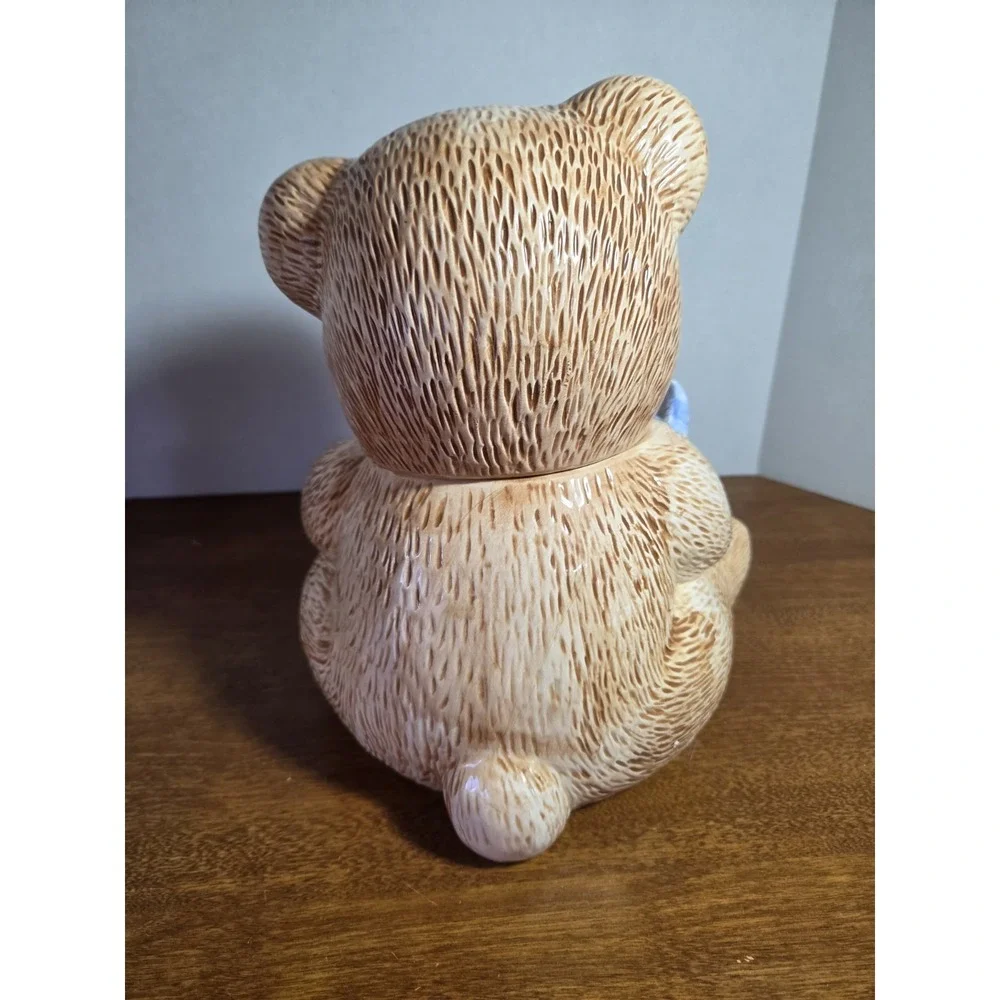 Vintage 1992 Theodore Brown Teddy Bear Cookie Jar Canister Baby Blue Bow